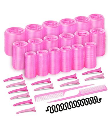 KEYIDO 33Pcs Velcro Hair Rollers with Clips Set Curlers Roller for Hair Volume 18 Hair Rollers (44 mm 36 mm 25 mm) 12 Duckbill Clips 2 Combs and Hair Plaiting Tool for Long Thick Hair PINK