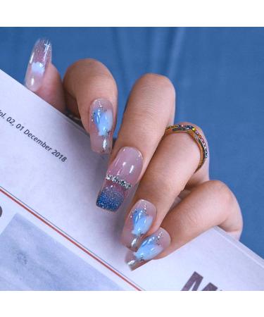WOOXDYUK 24 Pcs Gradient Blue Glitter French Press-On Nails | Short Glossy Artificial Nails for Women & Girls - Easy Stick-On with Nail Glue - Buy Online on GoSupps.com