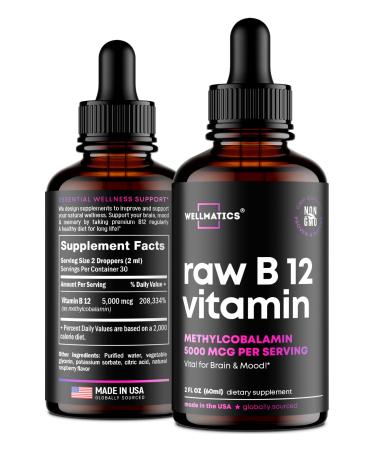 Wellmatics Vitamin B12 Sublingual - Premium B12 Vitamin 5000 mcg - Made in The USA - Methylcobalamin B12 Liquid Supplement - Natural Energy Mood & Metabolism Increase - Vegan B12 Drops - 2 fl oz
