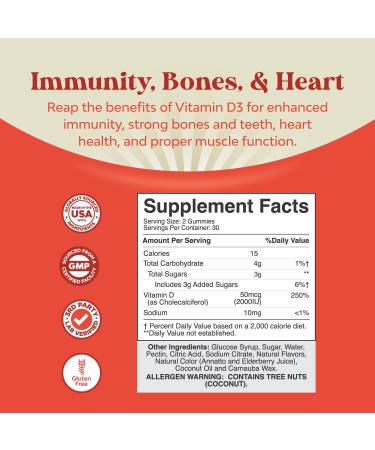 Vitamin D3 2000 IU Immune Support Gummies for Adults - Bone Strength, Heart Health, Immune System Supplement - 60 Count - Buy Online on GoSupps.com