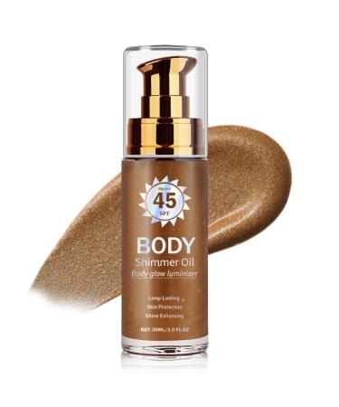 LZXLUKGIR Body Glow Oil SPF 45 Broad Spectrum Moisturizing Shimmer Body Oil Bronzer for Women and Men Lightweight Non-Sticky Shimmer Sunscreen Absorbs Quickly 03 Glistening Bronze
