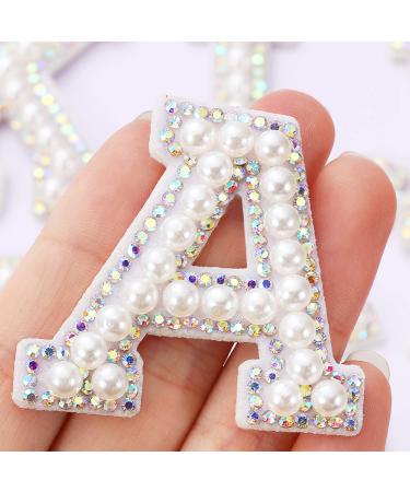 2 Pcs Self Adhesive Letter Patches for DIY Supplies, Pearl Iron on Letters for Fabric Clothing/Hat/Bag, A-Z Varsity Letters Iron on Patches - White