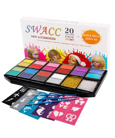 SWACC Face Paint Kits for Kids - 20 Washable Colors + Gold & Silver Glitter + 30 Stencils + 3 Brushes -Safe Face & Body Painting Makeup for Halloween Party - No-Toxic, Water Based, Easy to Use