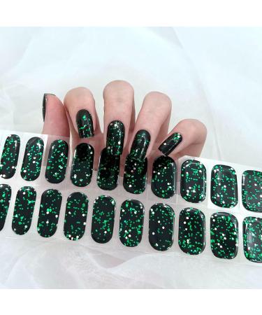Ceboic 22 pieces half -hardened UV gel strips black & green sequins full wraps nail sticker French nail foils self -adhesive salon quality gel nail polish stickers for women girls black green sequins