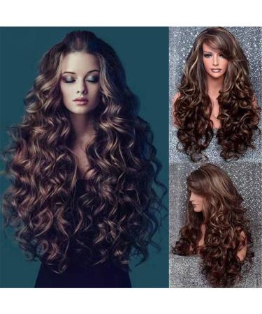 Brown Ombre Long Wave Wigs for Women, Brazilian Body Wave Wigs Natural Look Wave Curly Hair Hair Pre Plucked Soft Comfortable Wigs - 25 Inch…