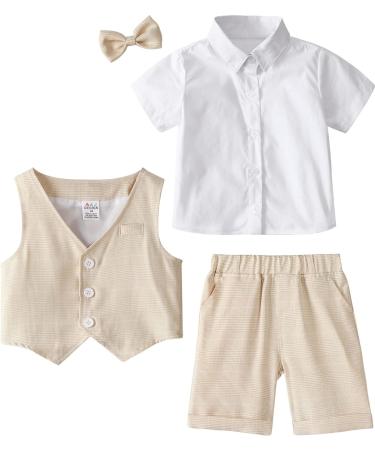 Mintgreen Baby Boys 4-5 Years Gentleman Suit Set with Shirt, Bowtie, Waistcoat & Shorts | Size 1-6 Years | Khaki - Buy Online on GoSupps.com