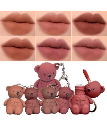 NICEFACE 6Pcs Keychain Cute Bear Liquid Lipsticks Set  Mist Matte Velvet with Moisturizing Lip Stain  Waterproof and Long Lasting Bear Lipgloss Beauty Makeup (6 Color) 6 Colors