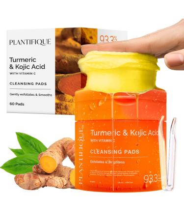 PLANTIFIQUE Disques Nettoyants au Curcuma et Acide Kojique avec C ramides Niacinamide et Vitamine C - 60 Disques Exfoliants Visage pour Taches Brunes et Hyperpigmentation - Kit Skincare 60 unit (Lot de 1)