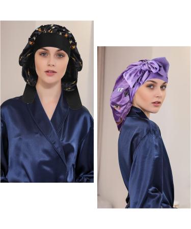 Arqumi 2PCS Large Silk Hair Bonnet for Sleeping | Adjustable Satin Bonnet Sleep Cap | Elastic Stay On Head | Long Curly Thick Black Hair | Women's Hair Care - Black & Purple - Buy Online on GoSupps.com