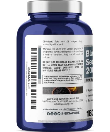 Premium Black Seed Oil 2000mg - 180 Softgel Capsules | Cold-Pressed Nigella Sativa with Vitamin E | Non-GMO & Gluten-Free - Buy Online on GoSupps.com