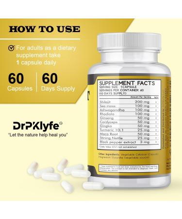DrPKlyfe Shilajit Capsules with Ashwagandha Rhodiola Sea Moss and Turmeric - 753mg 60 Caps - Stress Relief Stamina Building Adrenal Adaptogens Men's Health & Joint Support - Buy Online on GoSupps.com