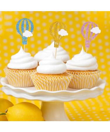 Honbay 24PCS Glitter Cupcake Toppers Creative Hot Air Balloon with Clouds Cake Toppers Fruit Dessert Picks Cake Decorations for Birthday Wedding Baby Shower Party (3 Color) - Buy Online on GoSupps.com