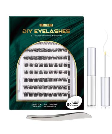 Lanciley Individual Lashes DIY Eyelash Extension Kit at Home 90 Pcs 5 Styles 10/11/12/13/14mm C CC D Curl Cluster Lashes Mixed Natural Fluffy Wispy False Eyelashes with Eyelash Glue Tweezers Set 90 clusters - mix