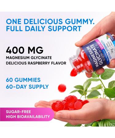 Magnesium Glycinate Gummies 400mg High Absorption Magnesium Supplement for Women Men and Kids Muscle Support and Relaxation Sugar Free Vegan 60 Days Supply Raspberry - Buy Online on GoSupps.com