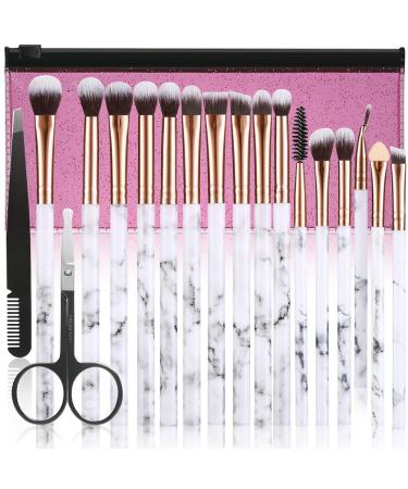 Makeup Brushes DUAIU 16Pcs Premium Synthetic Eyeshadow brushes Eyebrow Eyeliner Blending Marble Handle Brushes sets with Pink Cosmetic Bag Eyebrow Tweezers Nose Scissors