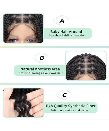 Fecihor 36 Boho Curly Ends Lace Front Braided Wig for Black Women | Knotless Cornrow Box Braids with Baby Hair - Synthetic Black Wig - Buy Online on GoSupps.com