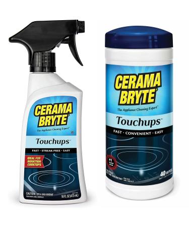 Cerama Bryte Touchups Combo Ceramic Cooktop Cleaner - Touchups Wipes 40 Count, Touchups Spray 16 oz