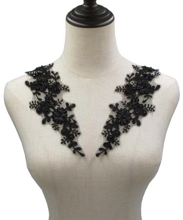Sequin Crystal Beaded Lace Flowers Appliques Pair - Black - Buy Online on GoSupps.com
