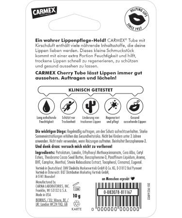 Carmex Cherry Tube Moisturizing and Soothing Lip Balm for Chapped Lips with Sun Protection Petrolatum Vitamin E and Beeswax - 12 x 10g - Buy Online on GoSupps.com