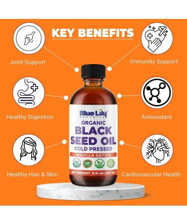 Blue Lily Organics Organic Black Seed Oil 8 oz - USDA Certified, Cold Pressed from Nigella Sativa - Omega 3 6 9 Super Antioxidant for Immune Support, Digestion, Hair & Skin - Vegan, Non-GMO - Buy Online on GoSupps.com