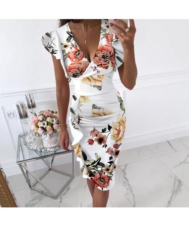Briskorry Women's V-Neck Floral Business Dress - Elegant Summer Bustier Ruffled Hem Vintage Party Wear in XXL Khaki - Buy Online on GoSupps.com