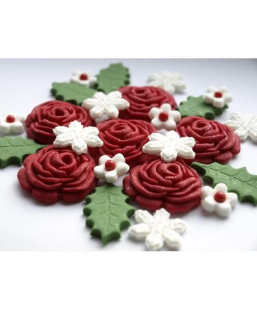 24x Red Roses Holly Leaves Christmas Cake Toppers Edible Winter Sugar Flowers Cake Cupcake Decorations - Buy Online on GoSupps.com
