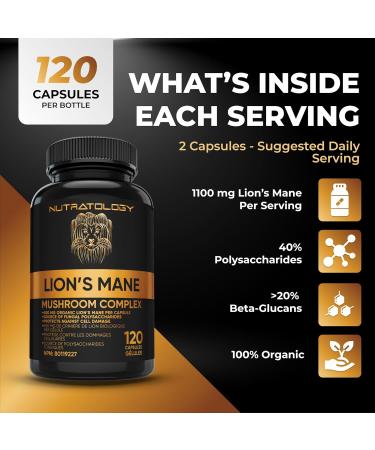 Organic Lion's Mane Mushroom Capsules - Nootropic Mushroom Supplements Formulated With 40% Polysaccharides & 20% Beta-Glucan! Immunomodulating Properties & A Potent Source Of Antioxidants. Supports Memory Cognition & Brain Health - 120 Capsules 120 count  - Buy Online on GoSupps.com