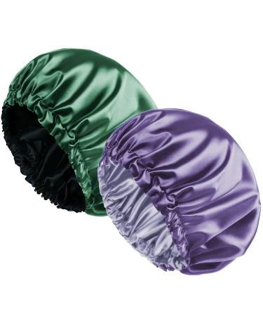 2 Pack Satin Bonnet Silk Bonnet Hair Bonnet - Extra Large,Sleeping Satin Bonnet Hair Bonnets for Women Silk Bonnet,(Black/Green/Purple/Gray) Purple-green