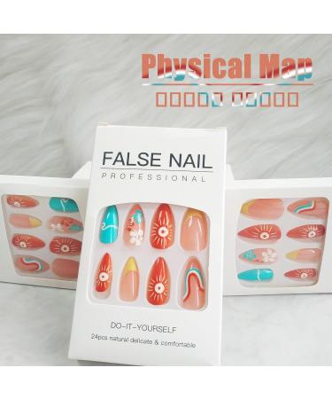 Buy 24Pcs Summer Sun Press On Nails - French Tips Medium Almond Acrylic Fake Nails with Waves Design for Women & Girls | Glossy Colorful Curve Line Manicure Art - Buy Online on GoSupps.com