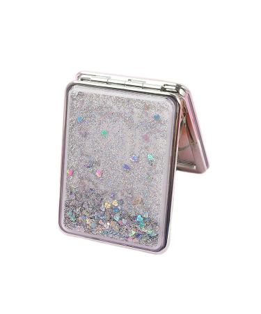 HSYHERE Creative Quicksand Makeup Mirror Double-Sided Portable Compact Makeup Mirror Glitter Foldable Fashion Hand Mirror Portable Travel Pocket Makeup Mirror (Square-Silver)