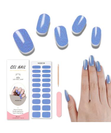 Semi Cured Gel Nail Strips 20 Pcs Gel Nail Polish Wraps Sticker for Salon-Quality Manicure Set Long Lasting Easy to Apply & Remove with Nail File & Wooden Cuticle Stick(Blue Glitter )