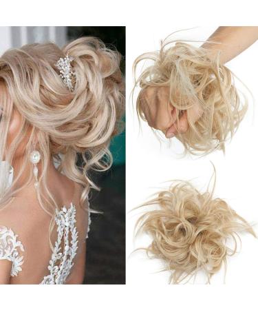 Tousled Updo Hair Pieces Messy Bun Hair Scrunchies Extensions Hair Piece Ponytail With Elastic Rubber Hair Extensions for Women Dark Blonde to Bleach Blonde