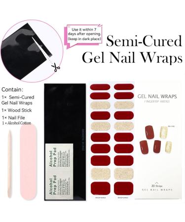 20PCS Semi Cured Gel Nails Gel Nail Stickers - Semi Cured Gel Nails Strips - Semi Cured Gel Nail Wraps - Glossy & Long Lasting Gel Nail Stickers Need UV Light (Wine Red Gold Shiny) - Buy Online on GoSupps.com