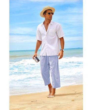 COOFANDY Men's Linen Harem Capri Pants in Blue - Elastic Waist Casual Beach Yoga Boho Pants with Pockets (Large) - Buy Online on GoSupps.com
