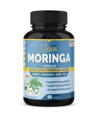 Organic Moringa Extract Capsules 6450mg  3 Months Supply with Ashwagandha  Tulsi  Ginger  Turmeric | Energy Booster  Immune Support | Oleifera Leaf Powder Supplements  90 Capsules