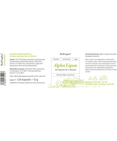 Buy Bioprophyl Alpha Lipon - 300mg Pure Natural Alpha Lipoic Acid with Vitamin E & Niacin - 120 Vegetarian Capsules for Optimal Health - Buy Online on GoSupps.com