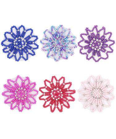 6pcs Hair Bun Cover with Rhinestone Hair Net Holder Handmade Elastic Crochet Mesh for Dancing Sports Daily Working Women Hair Accessories Colorful Mix