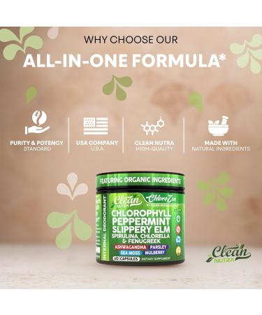 Clean Nutra Chlorophyll Capsules + Peppermint Slippery Elm Spirulina Chlorella Fenugreek Ashwagandha Sea Moss Supplement Ph Balance for Women Detox Internal Deodorant Supplement + Prebiotics 60 Ct - Buy Online on GoSupps.com