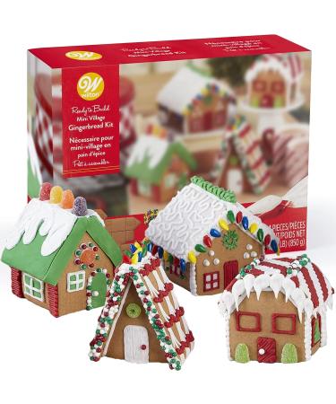 Gingerbread House Kit, Christmas Mini Village Set. Build It Yourself - 4 Sets Of House Panels, Candies, Fondant, Icing, Decorating Bags, & Stickers