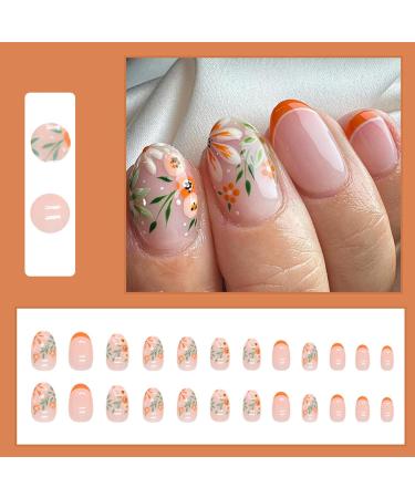 24Pcs Orange Flower French Tip Press On Nails - Short Almond Design for Women & Girls | Elegant Full Cover Acrylic False Nails for Autumn Manicure - Buy Online on GoSupps.com