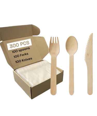 300 Pack Disposable Wooden Cutlery Set - 100 Spoons 100 Forks 100 Knives All Natural Compostable Cutlery Set