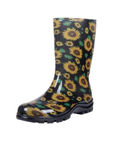 Asgard Women's Mid Calf Rain Boots Printed Waterproof Rubber Boots Short Garden Shose 9 Sunflowers Black