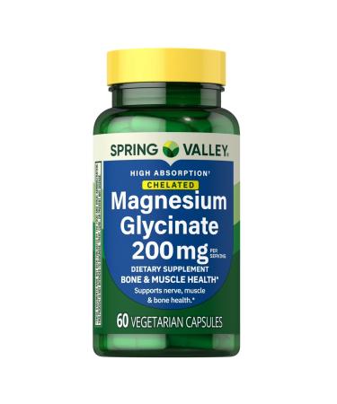 Spring Valley Magnesium Glycinate 200mg Magnesium Chelated High Absorption Supports Muscle Relaxation Nerve Function and Bone Health 60 Vegetarian Capsules Pack of 1