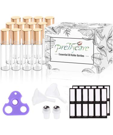 PrettyCare Essential Oil Roller Bottles 10ml - Clear Glass, Gold Cap - 12 Pack with 2 Extra Balls, Labels, Opener, and Funnels - Buy Online on GoSupps.com