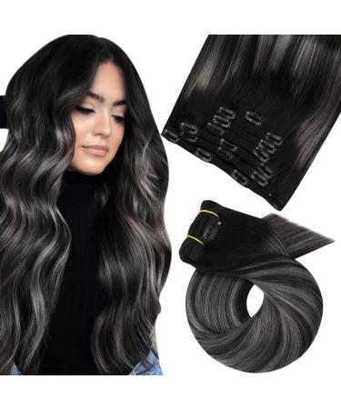 Moresoo Clip in Human Hair Extensions Real Hair 14 Inch Black Ombre Hair Extensions Clip in Black to Silver Clip in Extensions Remy Hair Silky Thick Hair Extensions 5 Pieces/70g #1B/Silver/1B 35 cm #1B/Silver/1B