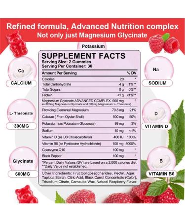 Biduka 900mg Magnesium Complex 65 Raspberry Gummies Sugar Free Magnesium Glycinate & L-Threonate Potassium Supplement with Vitamin D B6 CoQ10 for Relaxation - Buy Online on GoSupps.com