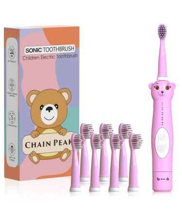 CHAIN PEAK Kids Sonic Electric Toothbrush Cute Bear Rechargeable Toothbrush for Children Boys Girls Age 3-12 with 30s Reminder 2 Min Timer 5 Modes 8 Brush Heads Bear Toothbrush Pink+8 Heads