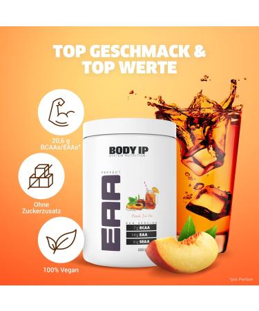 Body IP Perfect EAA - Peach Ice Tea | Essential Amino Acids for Muscle Building | Vegan Lactose-Free | 20 Portions | 500g | Made in Germany - Buy Online on GoSupps.com
