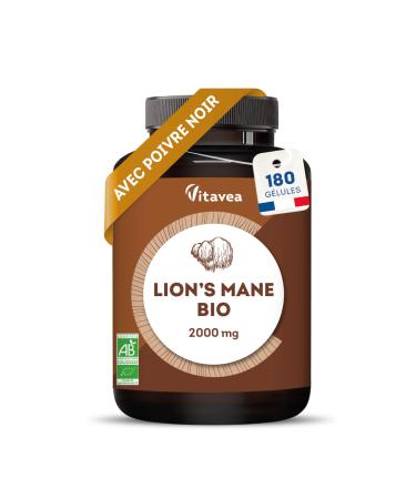 Lions Mane Champignon BIO 2000mg - 180 G lules Vegan avec Poivre Noir - Extrait Concentr 30:1 Crini re de Lion Hericium Erinaceus - Soutien C r bral M moire Immunit - Fabriqu en France - Vitavea