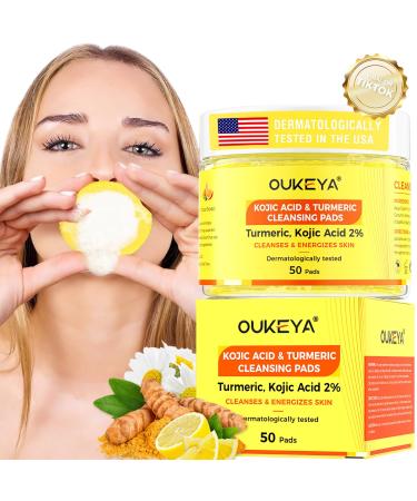 OUKEYA Facial Pads with Turmeric and Kojic Acid Gentle Cleansing Pads with Vitamin C Chamomile and Grapefruit Seed Extract Moisturizing and Soothing for the Face 50 Pieces